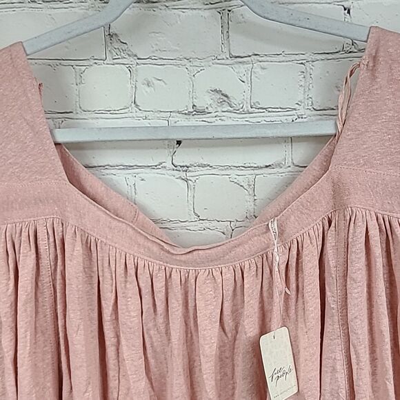 Free People NWT Pink Linen Oversized Tee Strawberry Crop Top Bow Tie Back Blouse - Picture 7 of 12